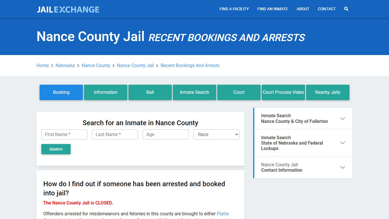 Nance County Jail & Sheriff Recent Bookings And Arrests - Jail Exchange